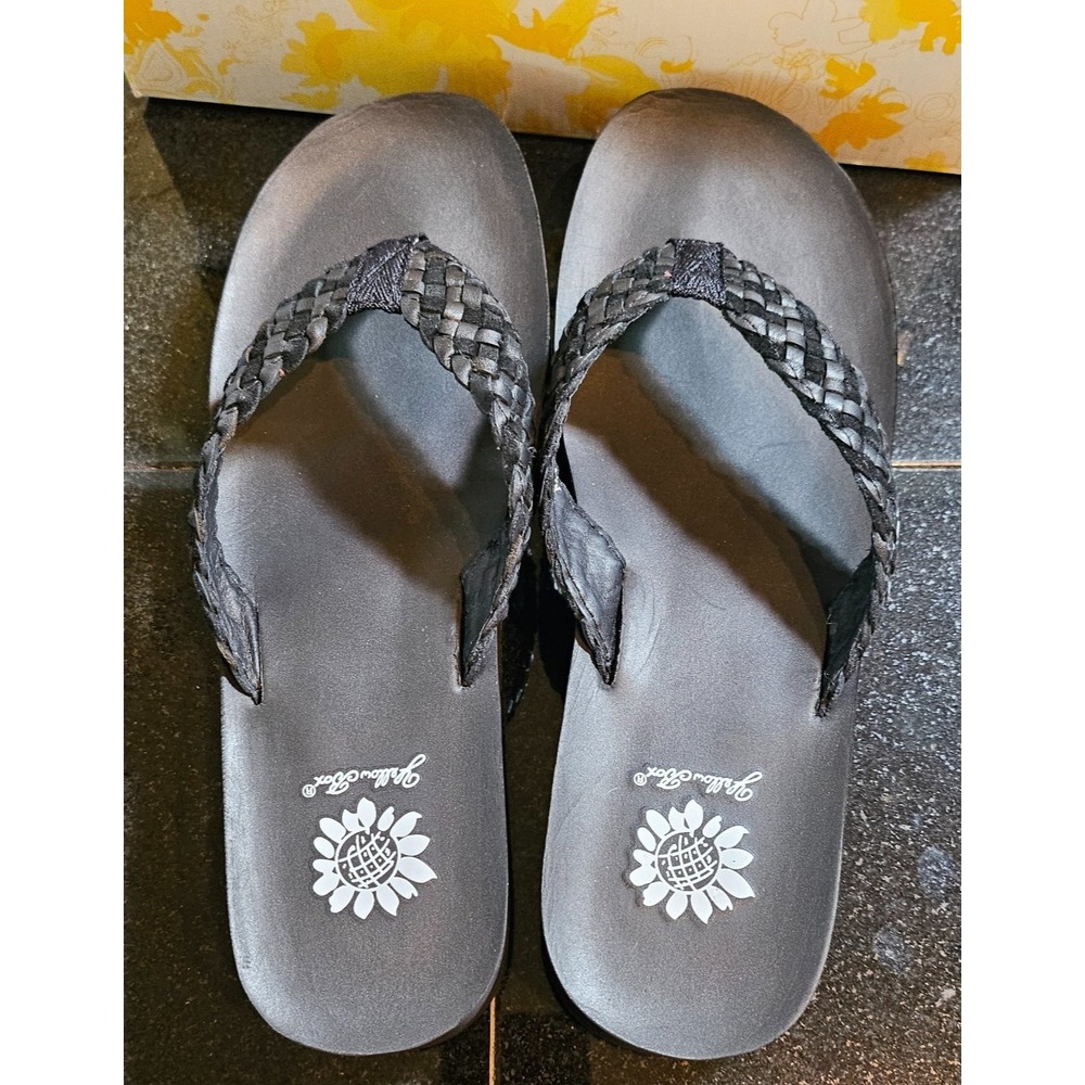 Yellow Box Women Black Braided Flip Flop Sandal RSVP Size 10 Low Wedge 1-01734